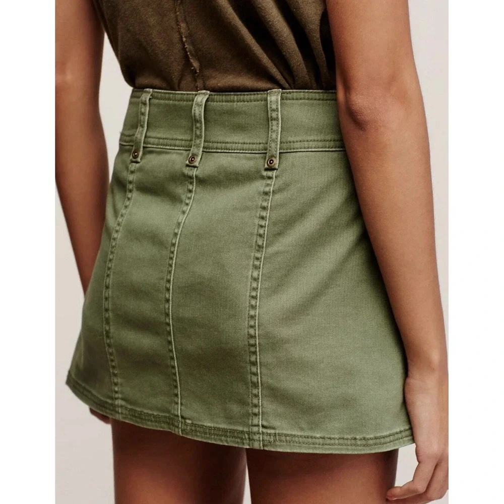 Free People Too Cool Military‎ Utility Mini Skirt Olive Zip Front Festival 6
